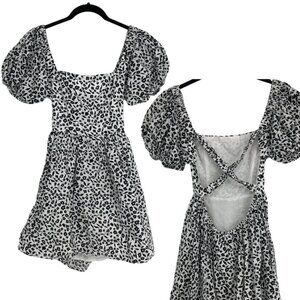 Cotton Candy LA Black & White Floral Puff  Sleeve Cross Back Cotton Mini Dress M